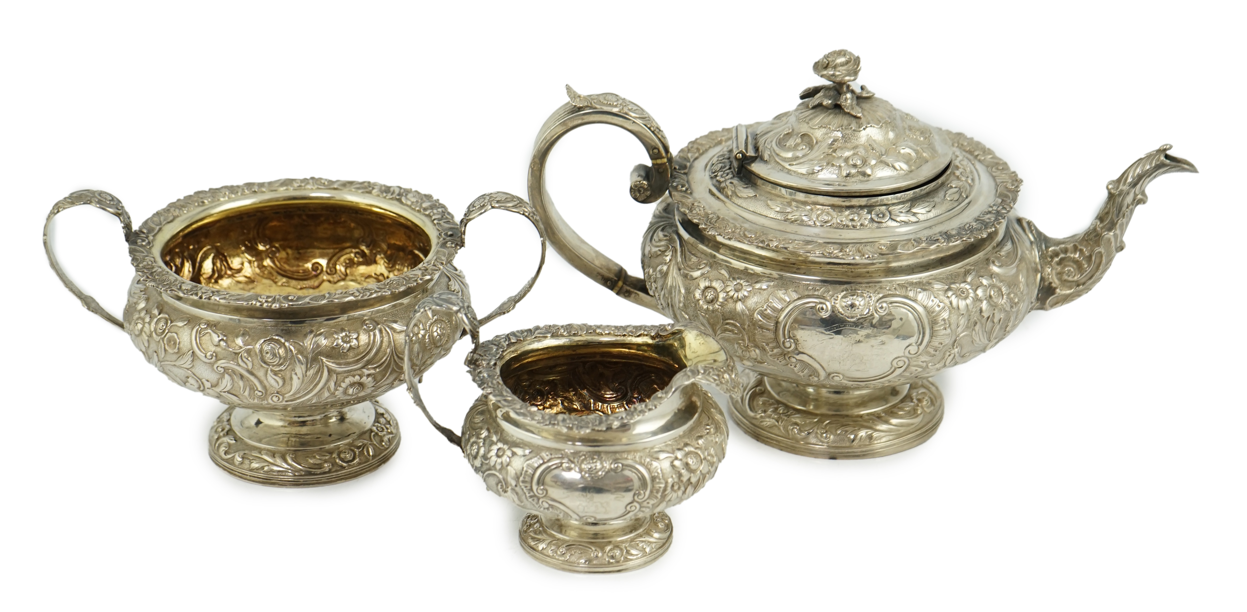 A George IV Scottish silver three piece pedestal tea set, by Peter Aitken I, CITES submission reference:T4BKA65U